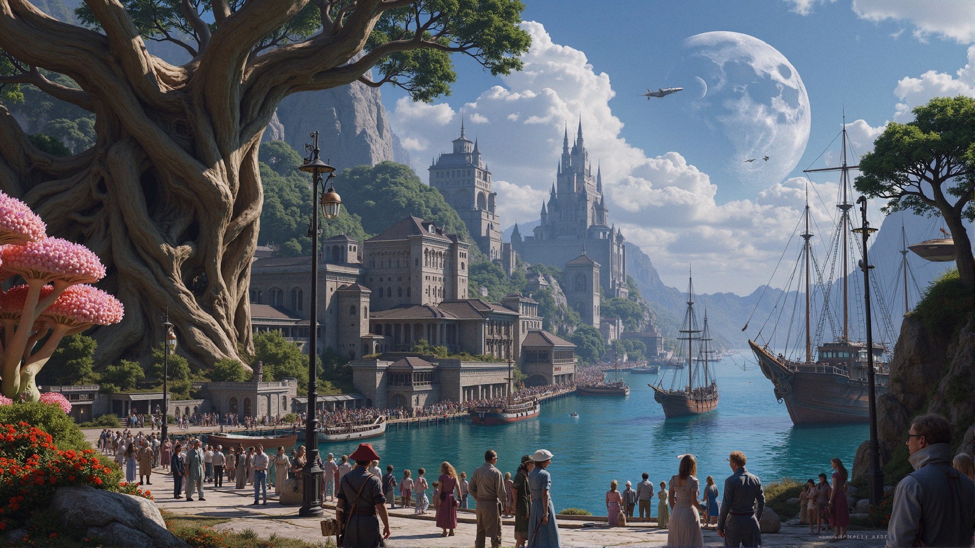 Vibrant Fantasy Landscape with Waterfront City and Castles