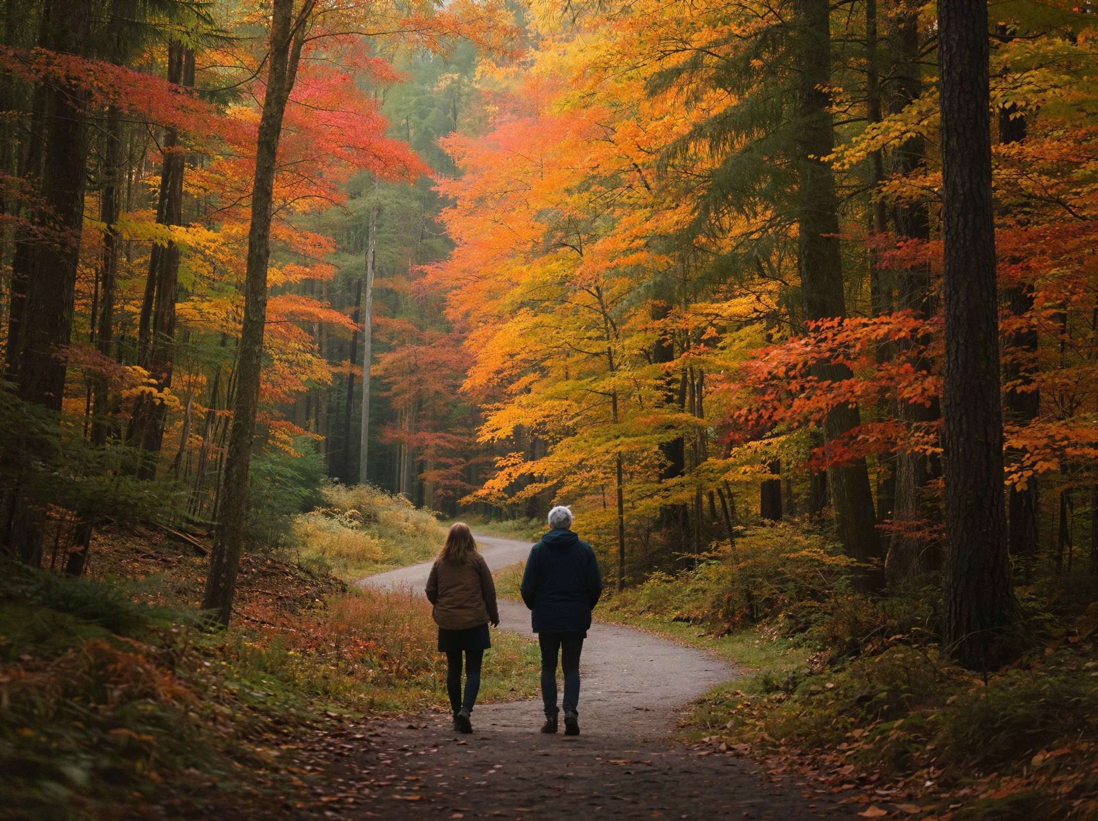 Autumn Forest Path with Colorful Foliage and Trees