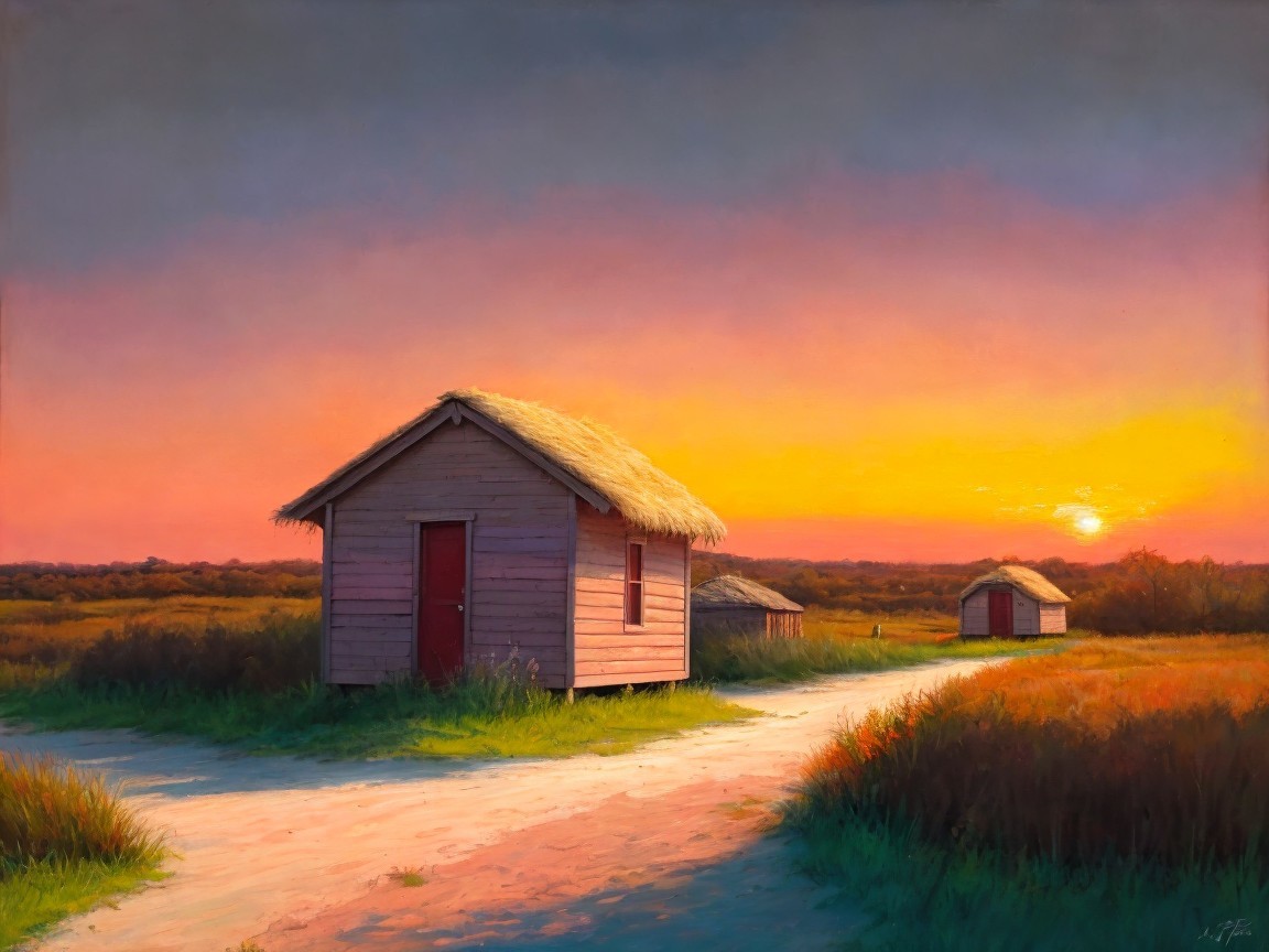 Rural Landscape Oil Painting at Sunset with House