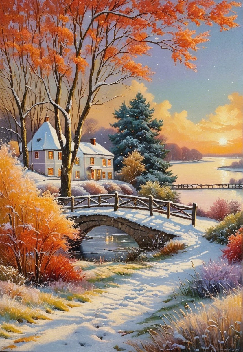 Winter Landscape with Cozy House and Autumn Trees