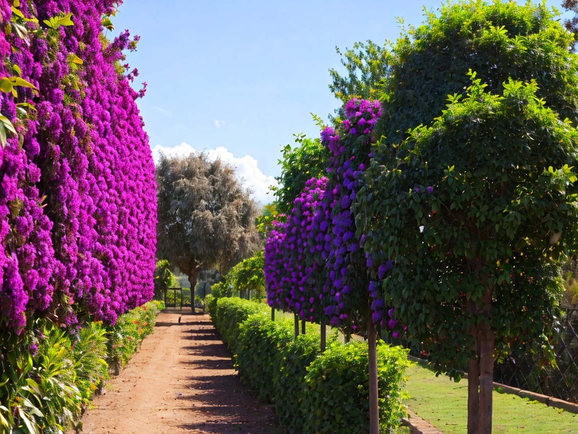 Picturesque Pathway with Bougainvillea and Green Shrubs