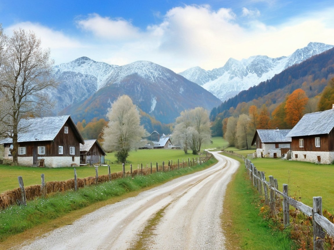 Countryside Scene with Winding Road and Mountains