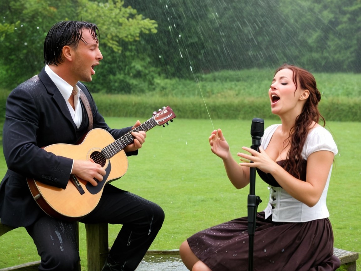 Man and woman singing in the rain outdoors