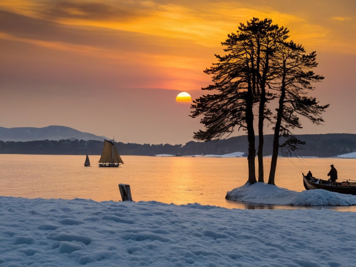 Serene winter seascape at sunset with vibrant colors