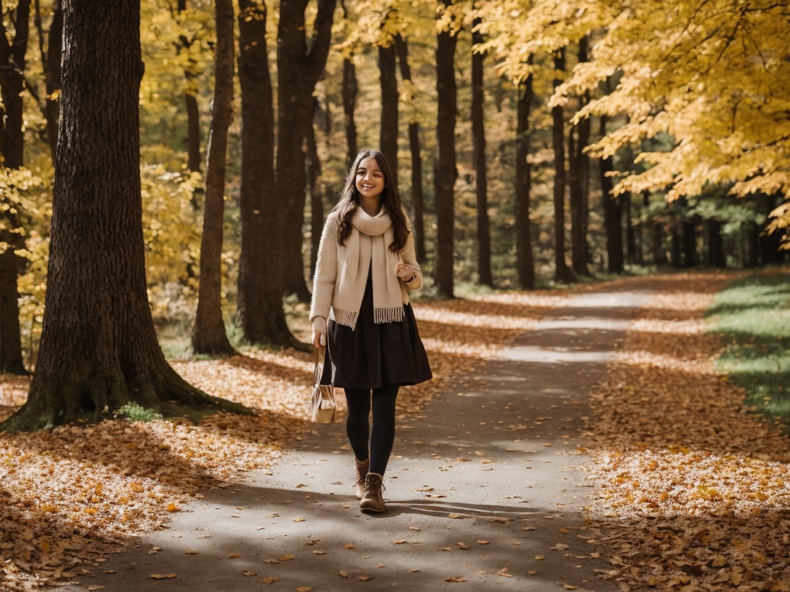 Young Woman on Autumn Path with Colorful Leaves