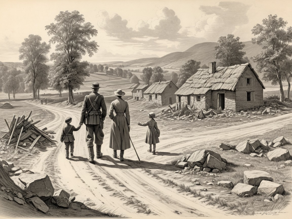 Soldier and Family Walking in a War-Torn Landscape