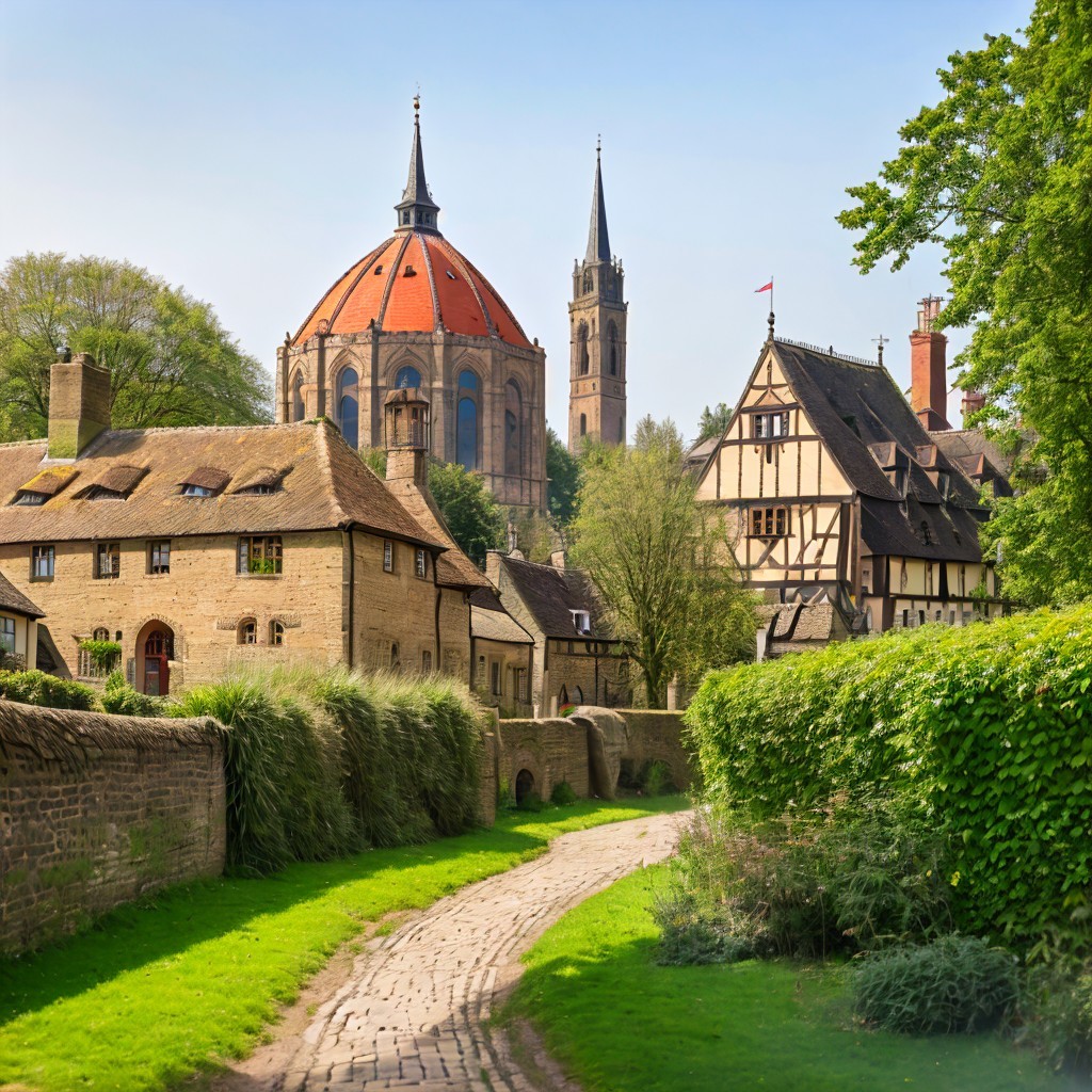 Charming Village Scene with Traditional Houses and Church