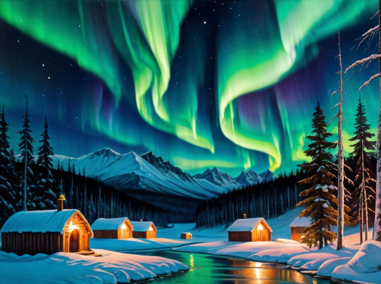 Winter Night Landscape with Northern Lights and River