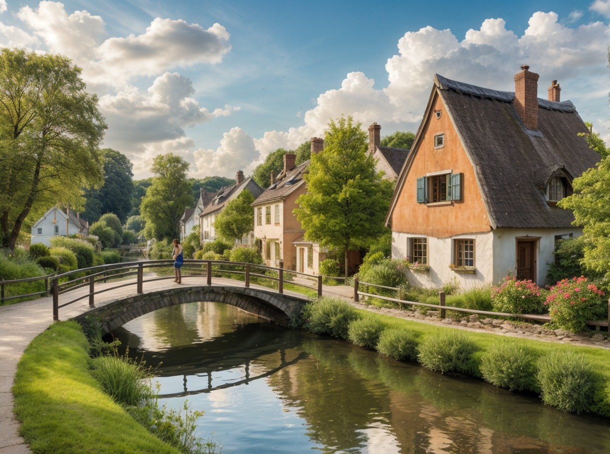 Charming Village Scene with Cottages and Stream