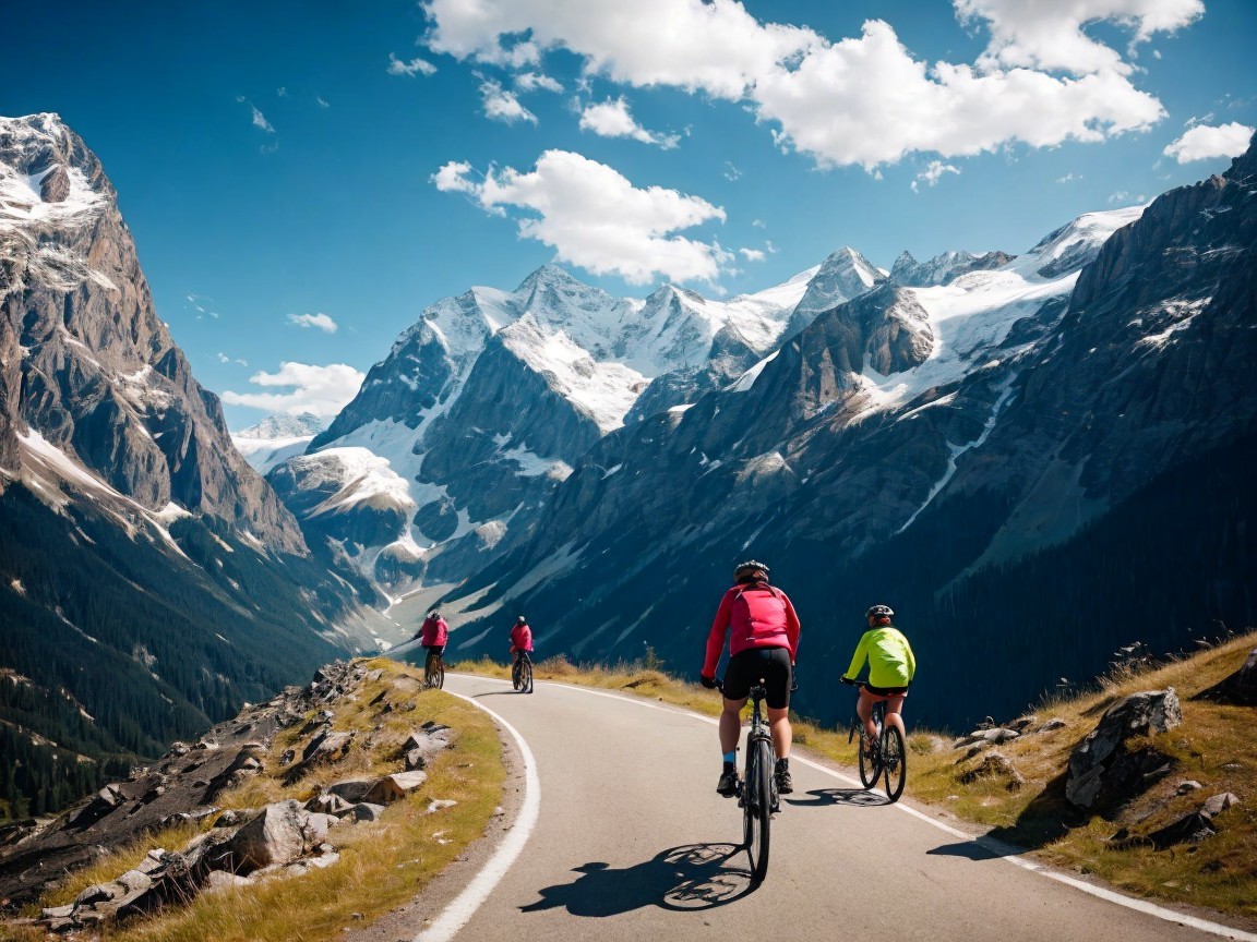Mountainous Landscape with Cyclists on Winding Road
