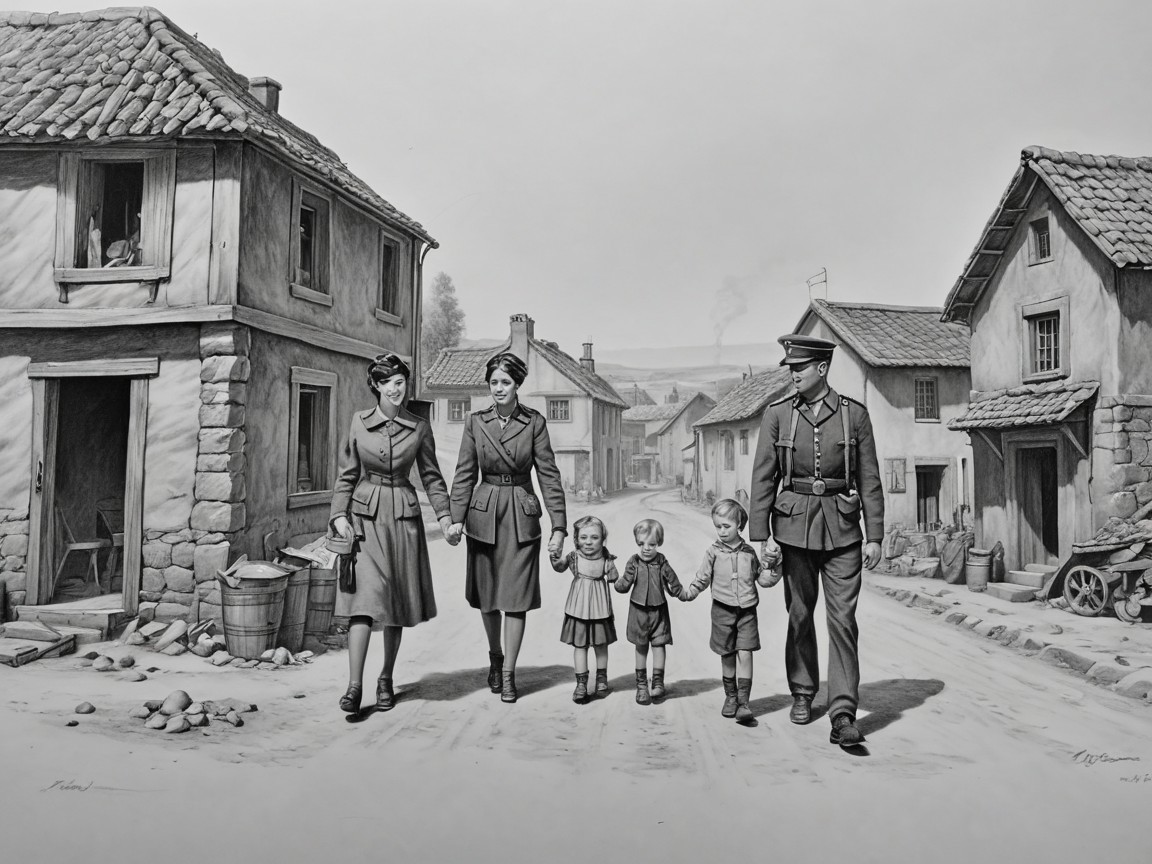 Black-and-white illustration of village scene with families