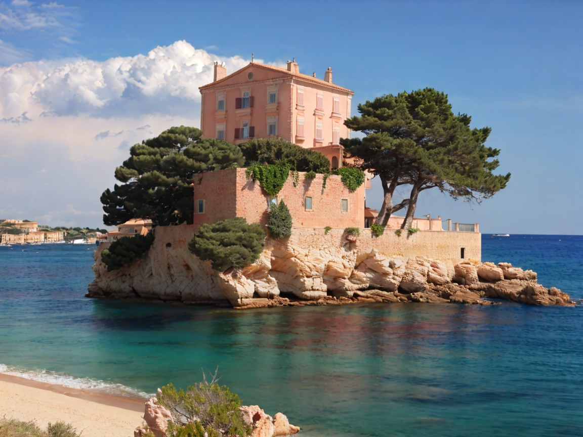 Charming Island Retreat with Pink Building and Turquoise Waters