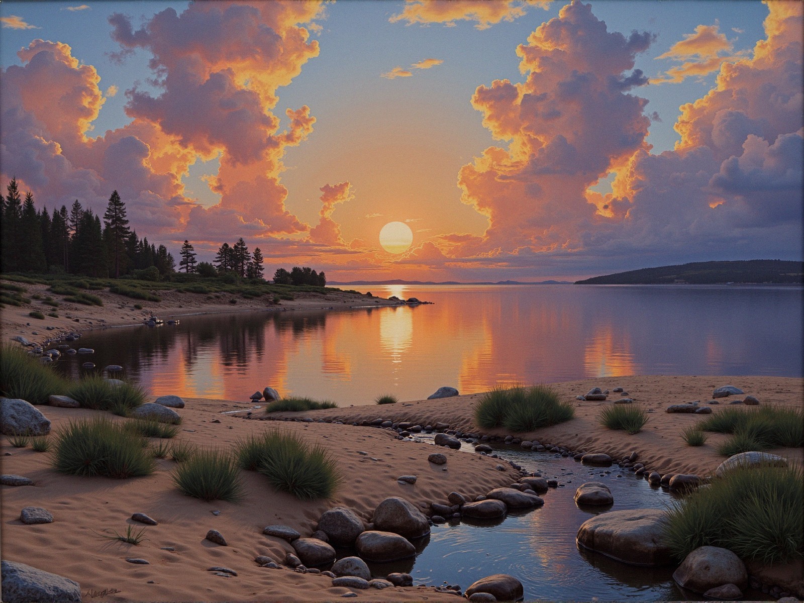 Sunset Over a Calm Lake with Dramatic Clouds and Forest