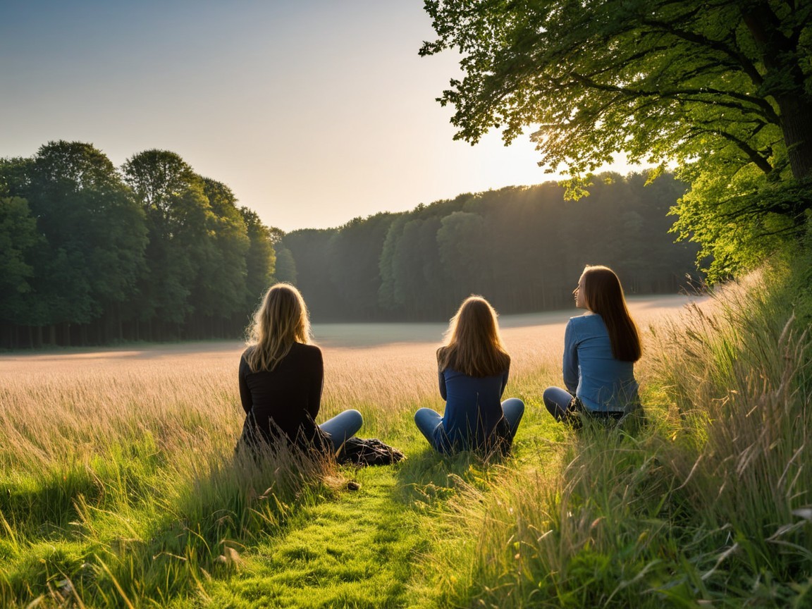 Women on a hillside in morning light and nature