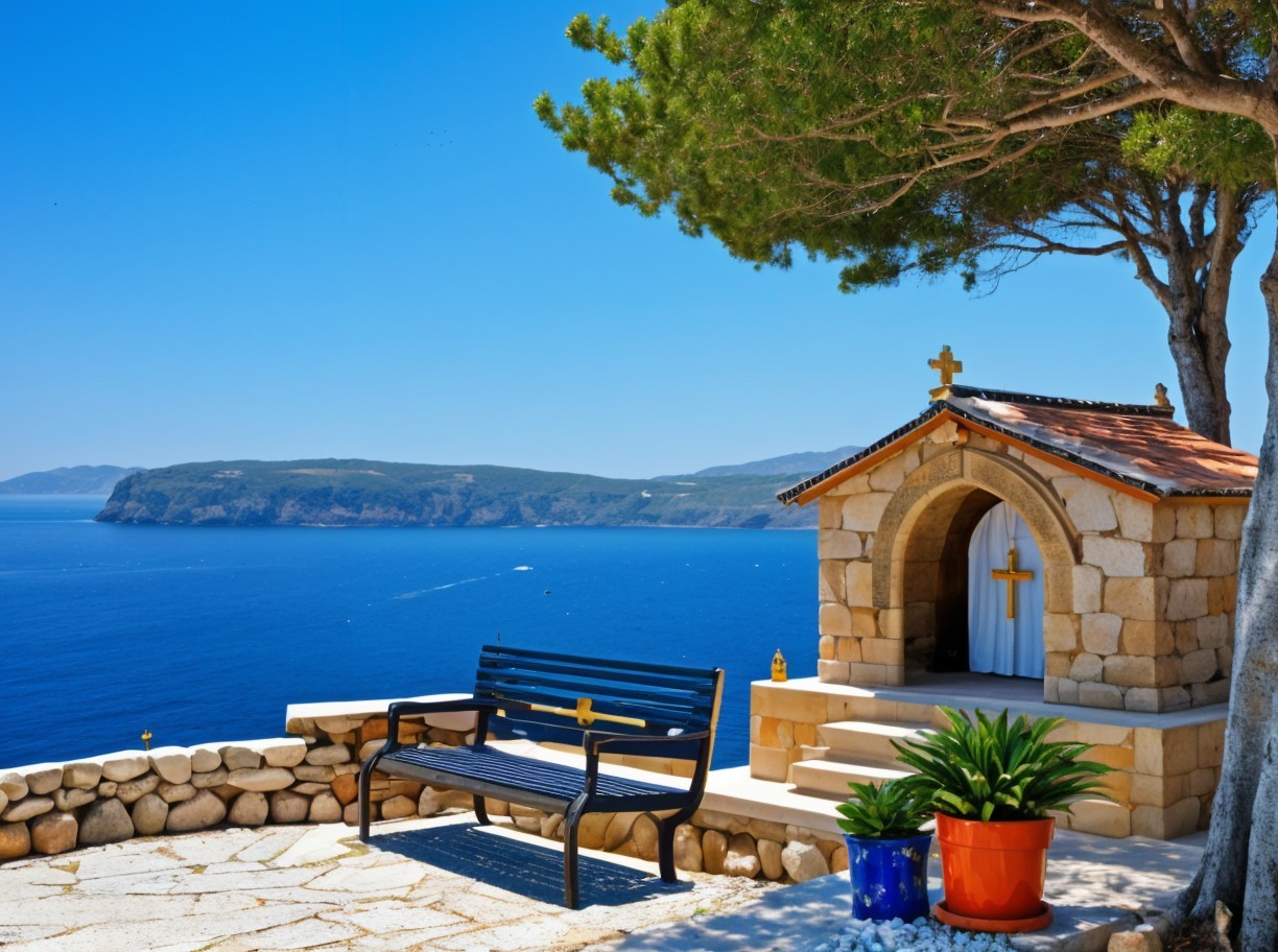 Serene Coastal Scene with Chapel and Vibrant Flora