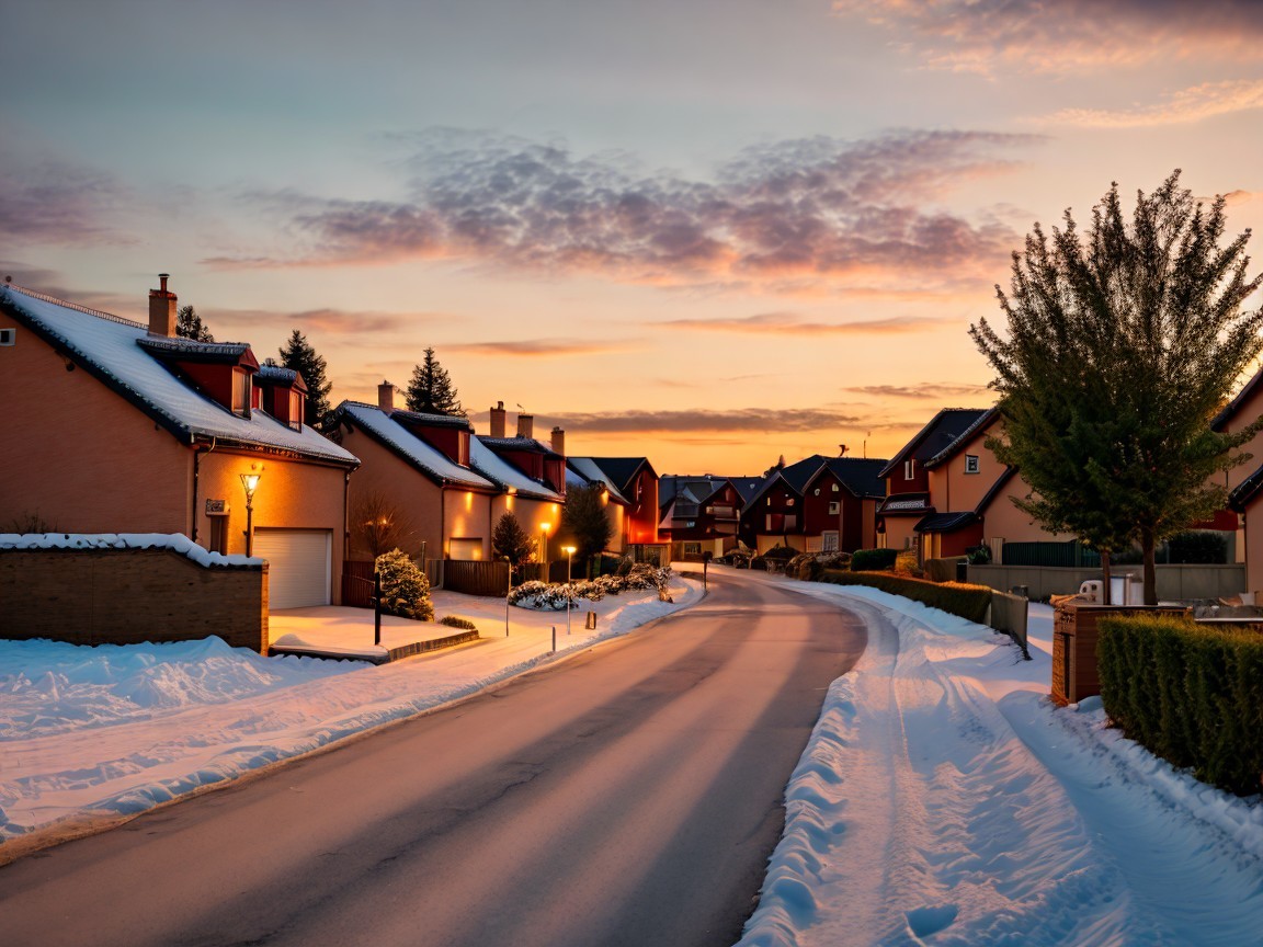 Winter Evening Scene of Snowy Residential Street