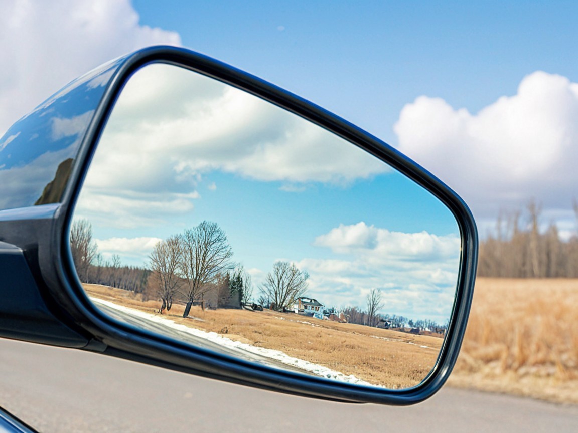 Car Side Mirror Reflecting Scenic Rural Landscape