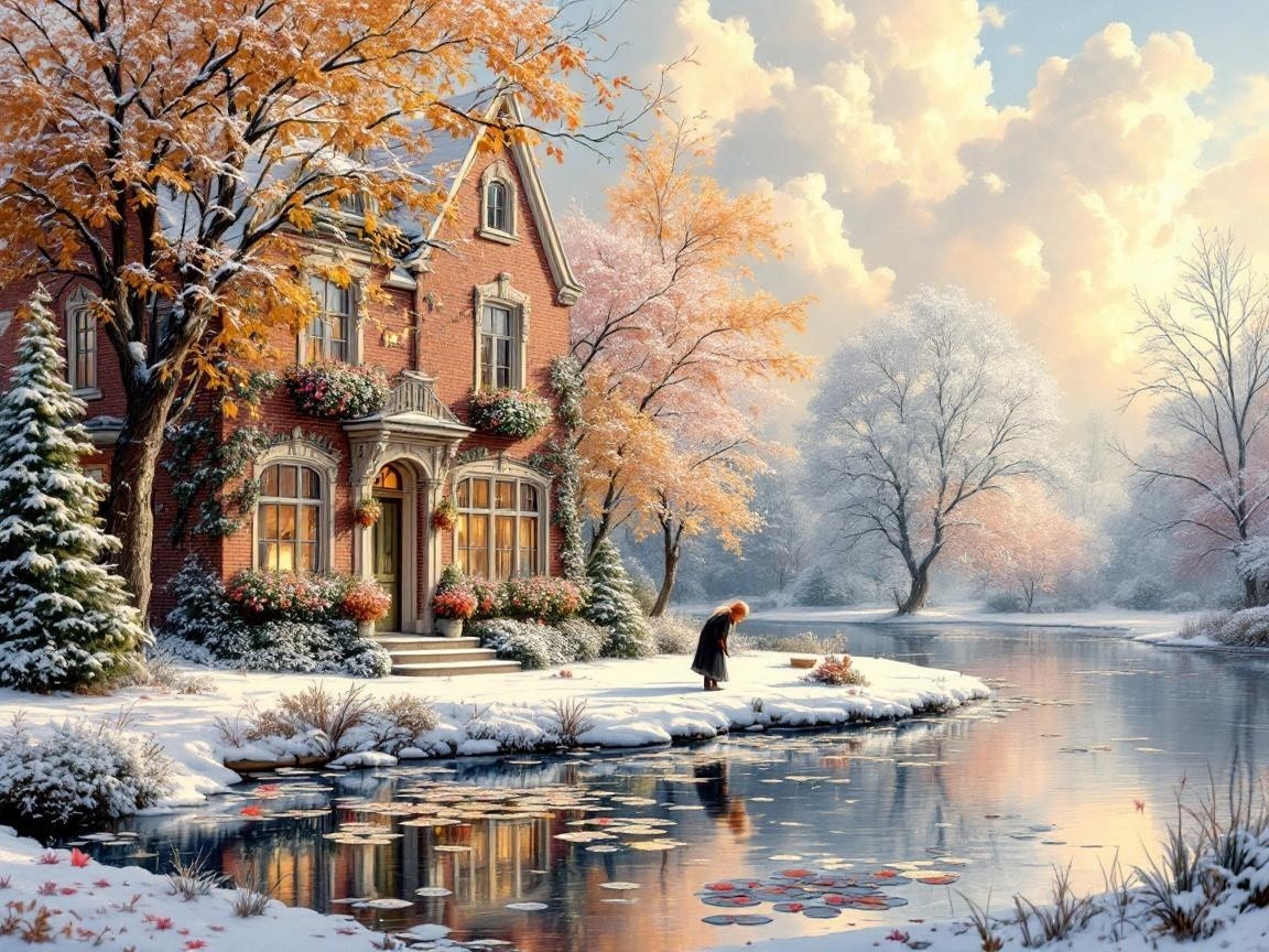 Winter Scene with Brick House and Autumn Foliage