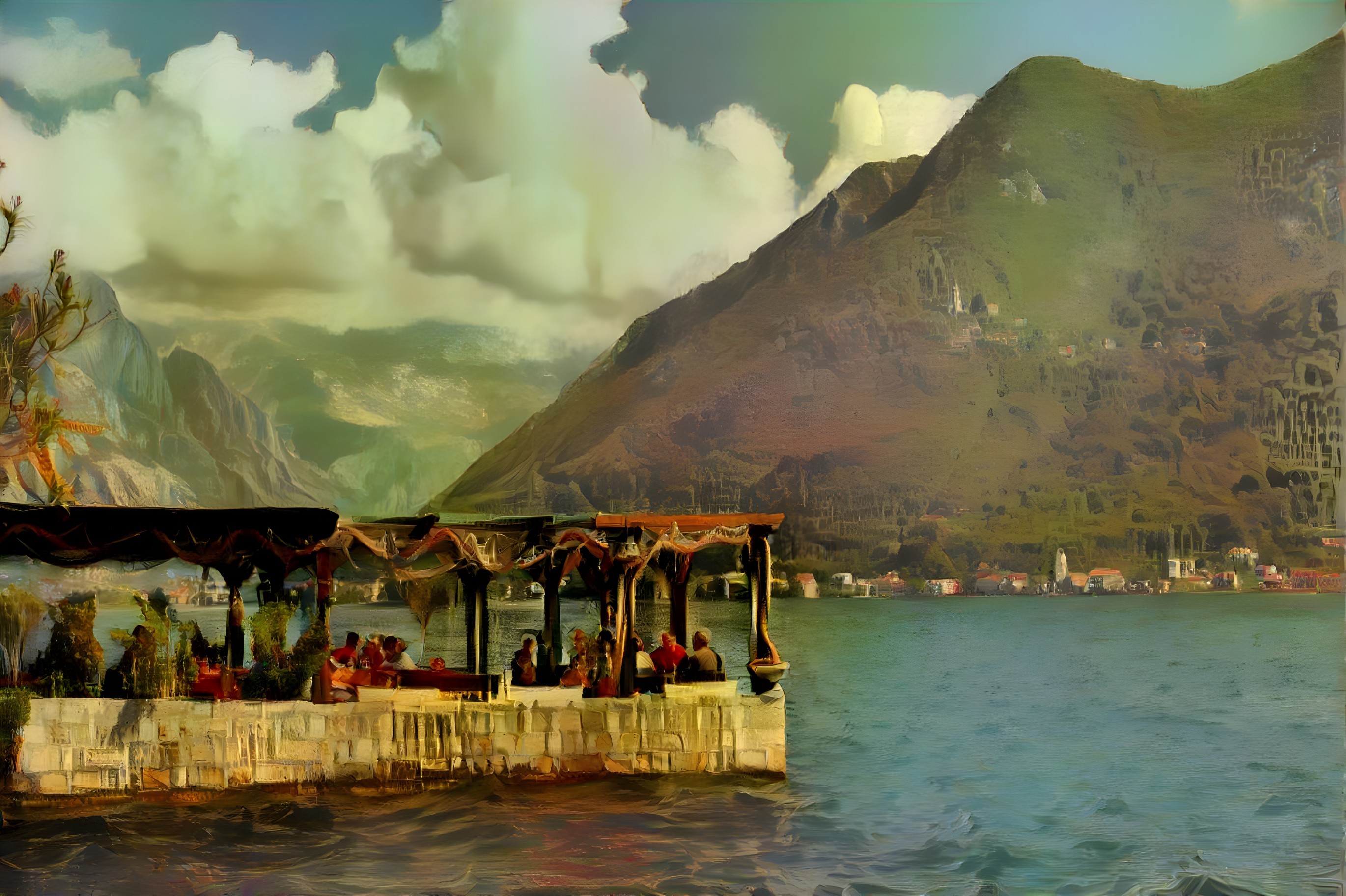 European Bay Dining Scene with Mountains and Clouds