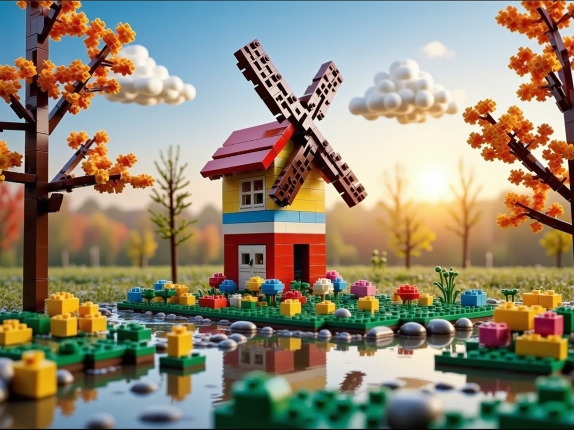 Whimsical LEGO Scene with Colorful House and Windmill