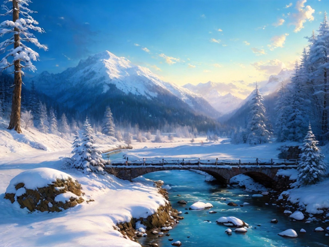 Serene Winter Landscape with Snow-Covered Mountains