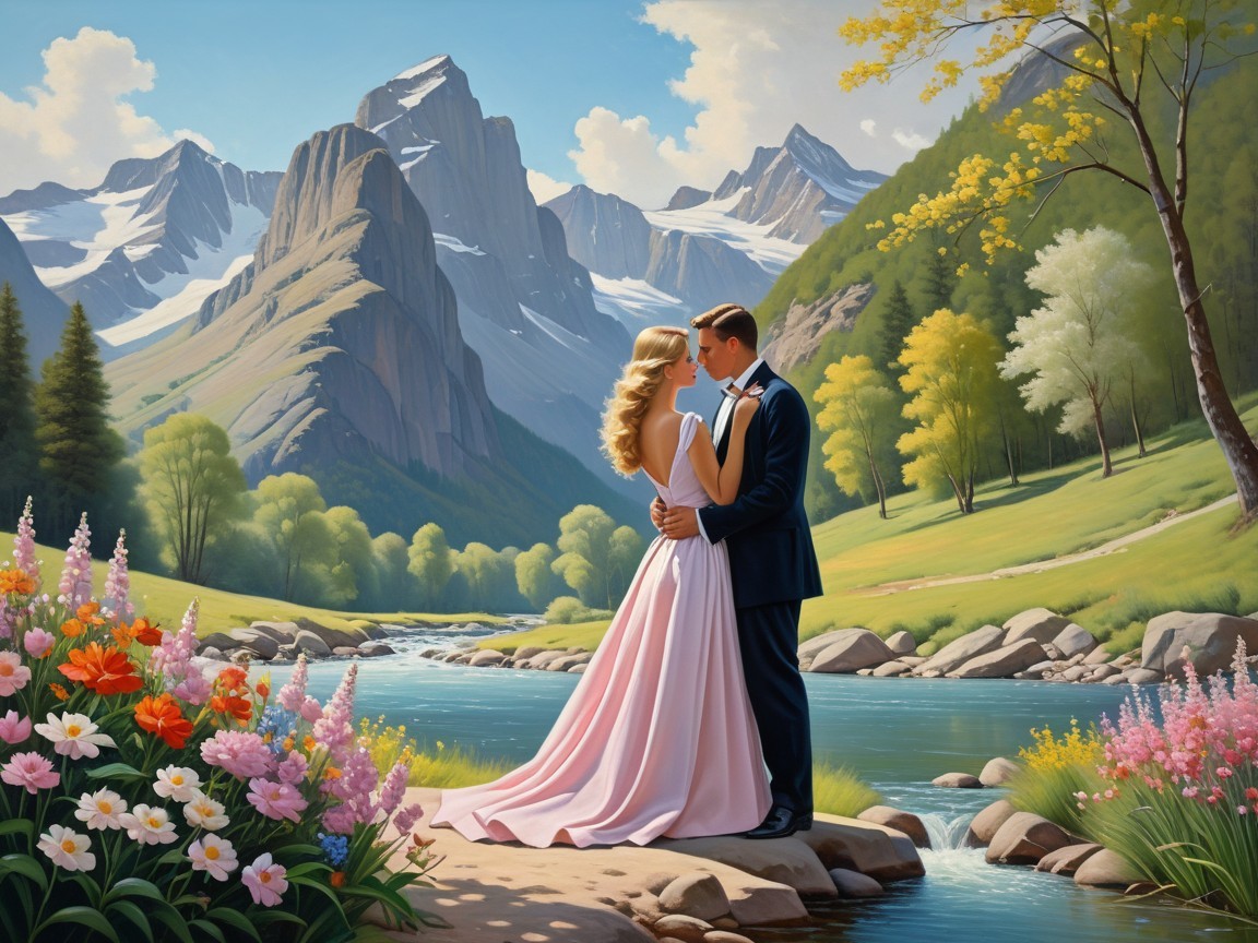 Fairytale Painting of Romantic Scene by a River