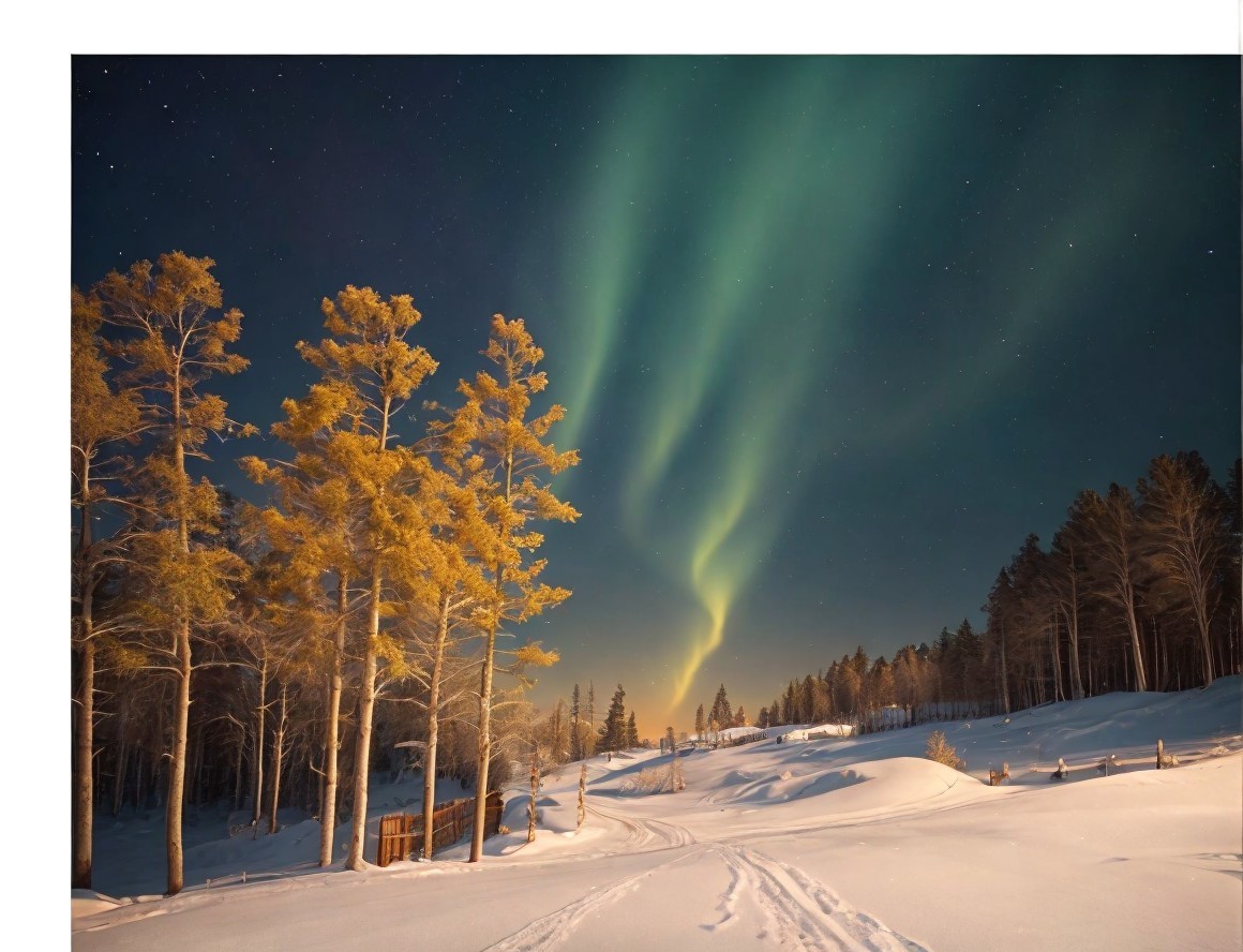 Winter Landscape with Aurora Borealis and Trees