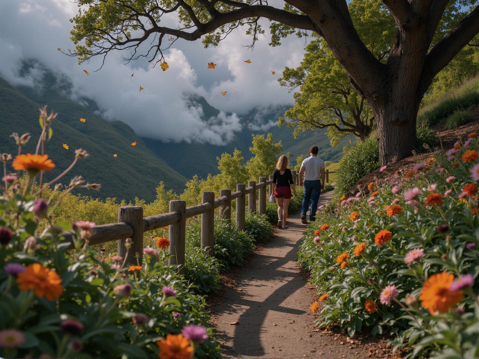 Serene Pathway with Vibrant Flowers and Mountains