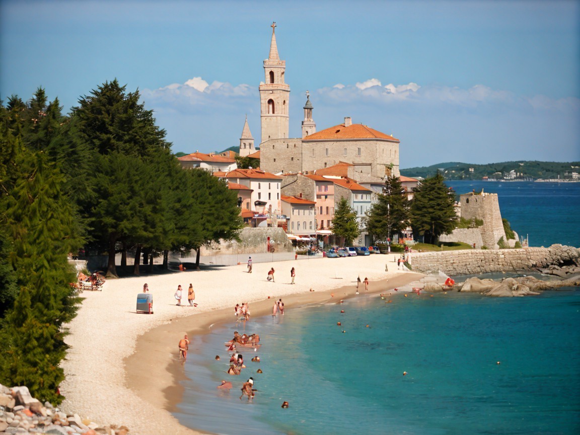 Picturesque Beach Scene with Coastal Town and Nature