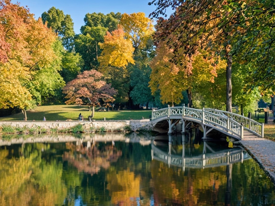 Tranquil Park with Wooden Bridge and Autumn Foliage