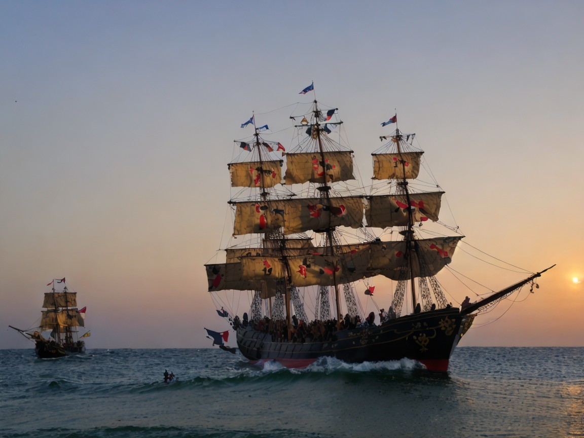 Tall Ships Sailing at Sunset on Serene Waters