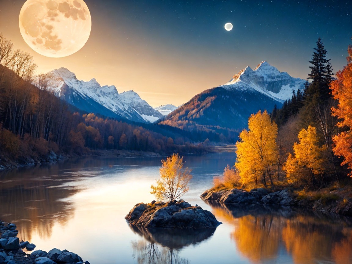 Serene Dusk Landscape with River and Mountains