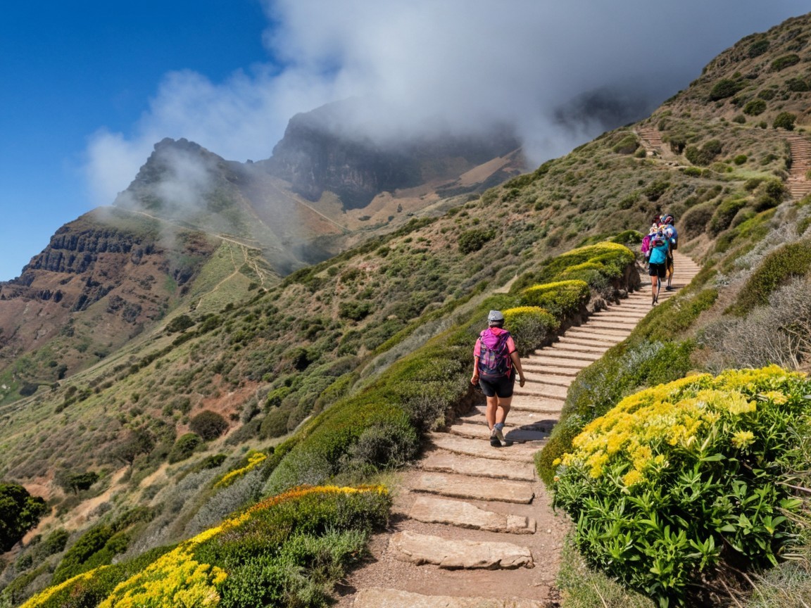 Scenic Hiking Trail Amidst Mountains and Lush Flora