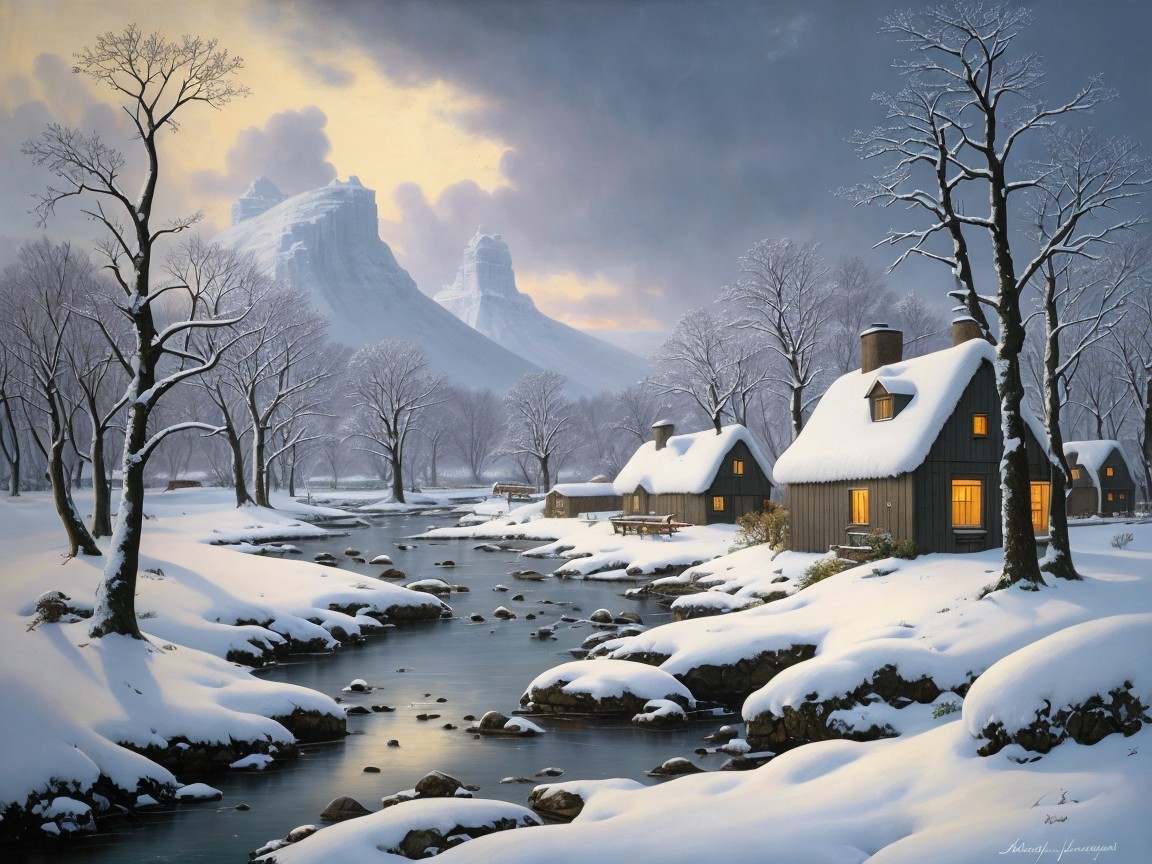 Serene Winter Landscape with Cabins and Mountains