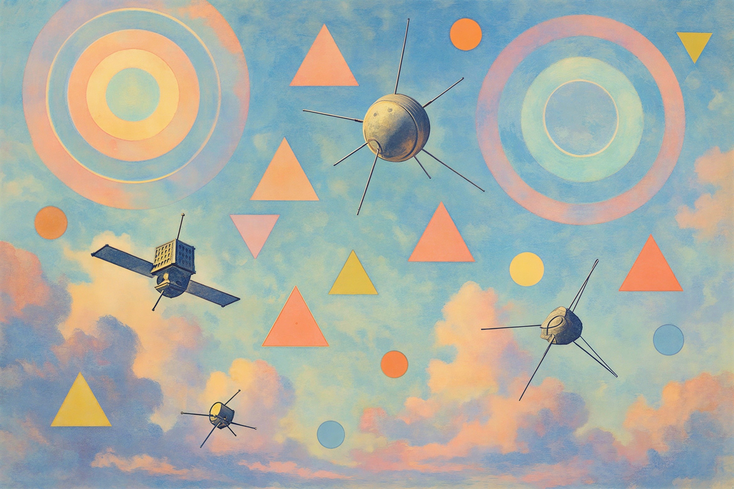 Vibrant Painting of Sky with Colorful Shapes and Satellites