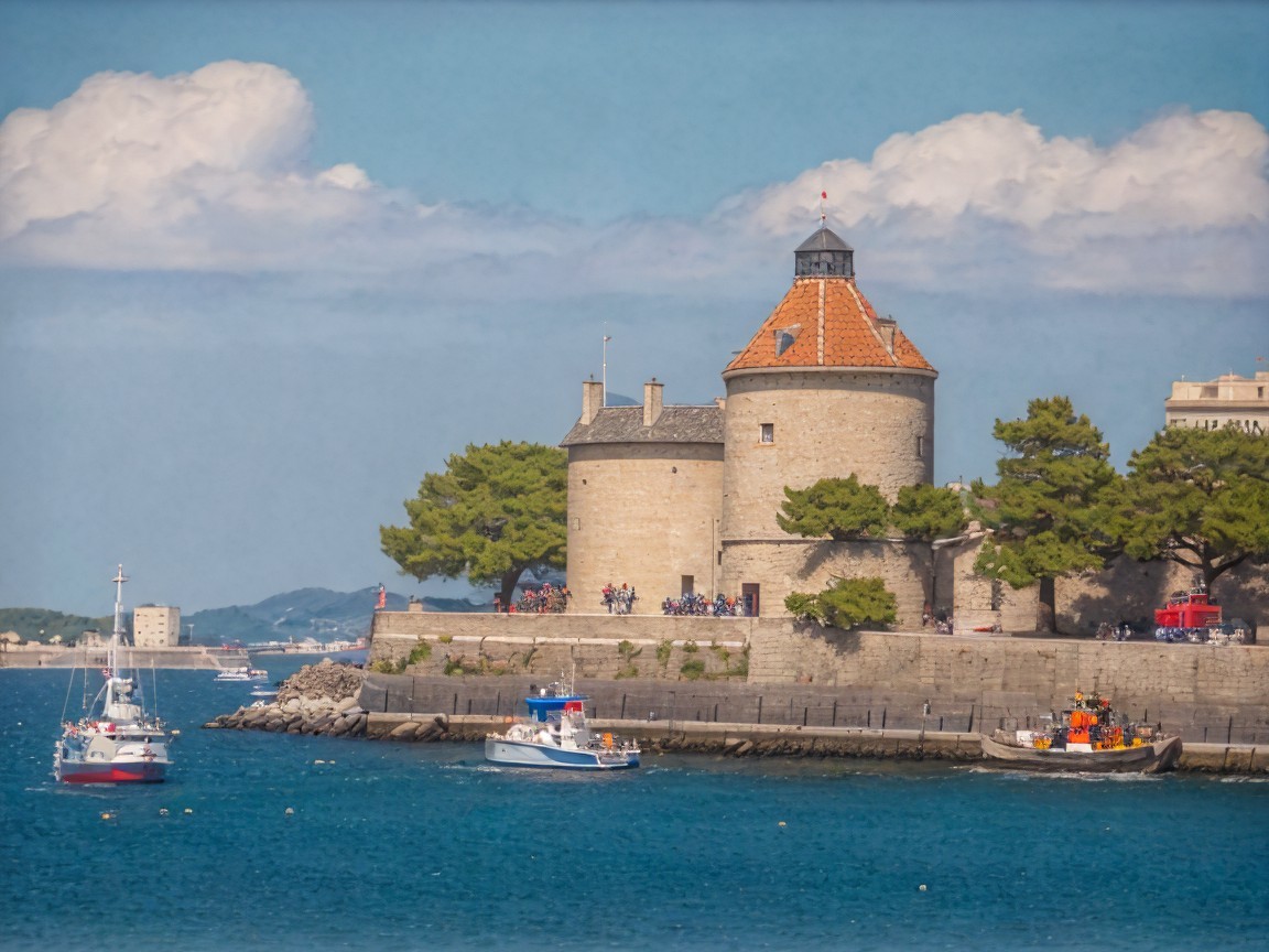 Scenic Coastal View with Historic Stone Tower and Boats