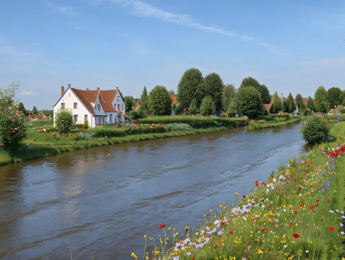 Picturesque River Scene with Charming House and Nature