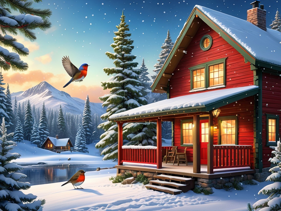Charming Red Cabin in Serene Winter Landscape