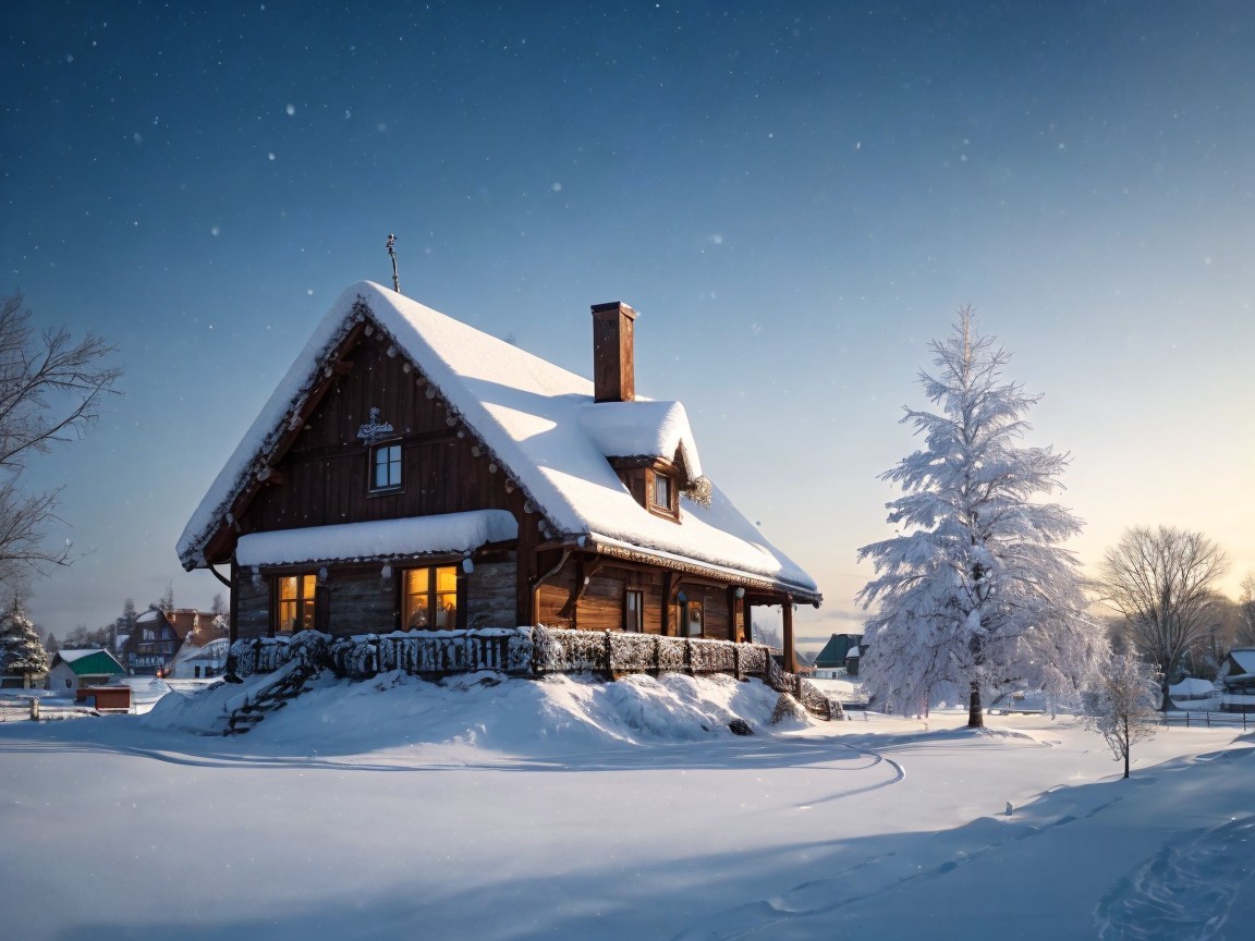Wooden House in a Snowy Winter Landscape