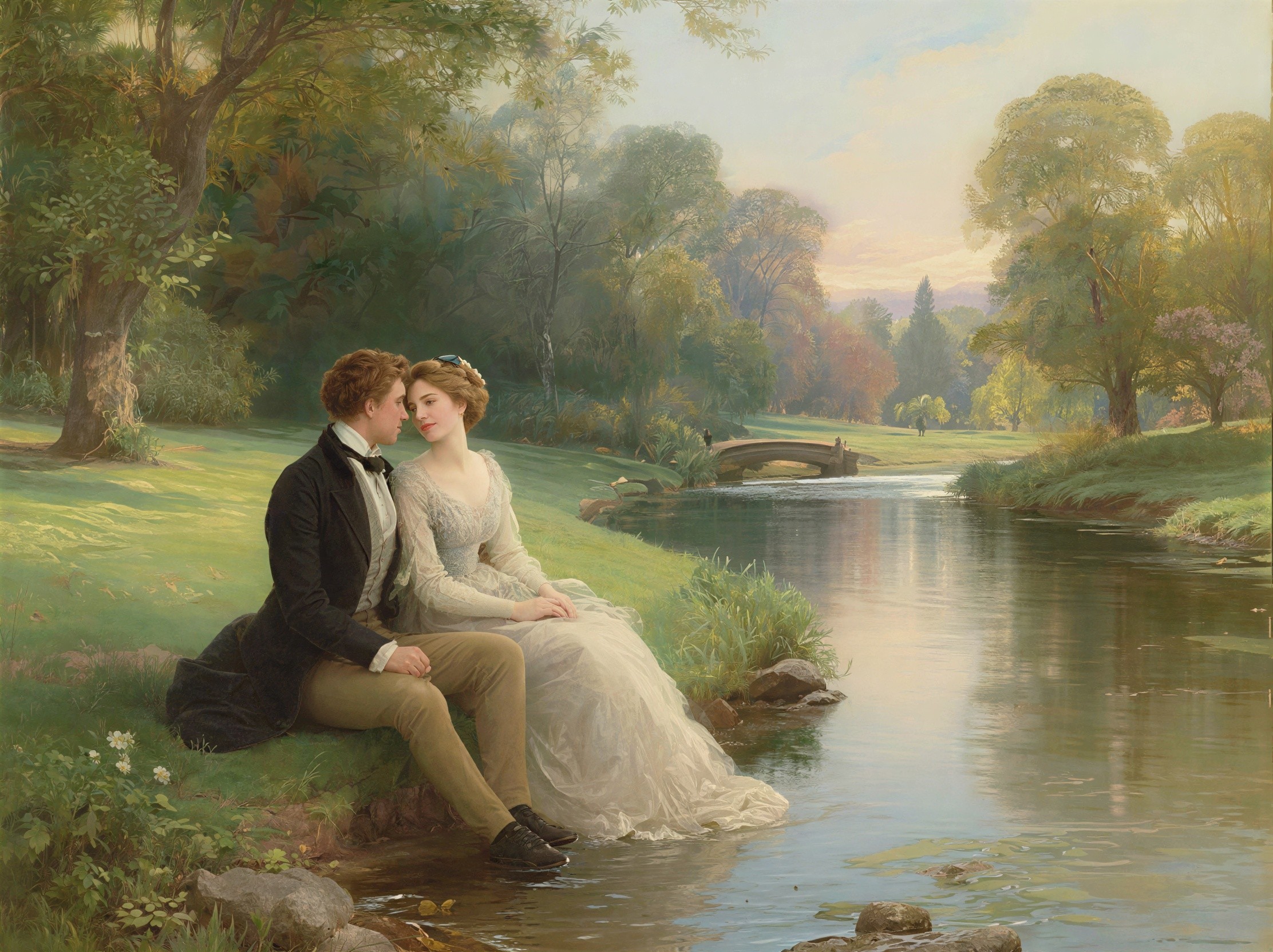 Young couple by a river in a lush landscape