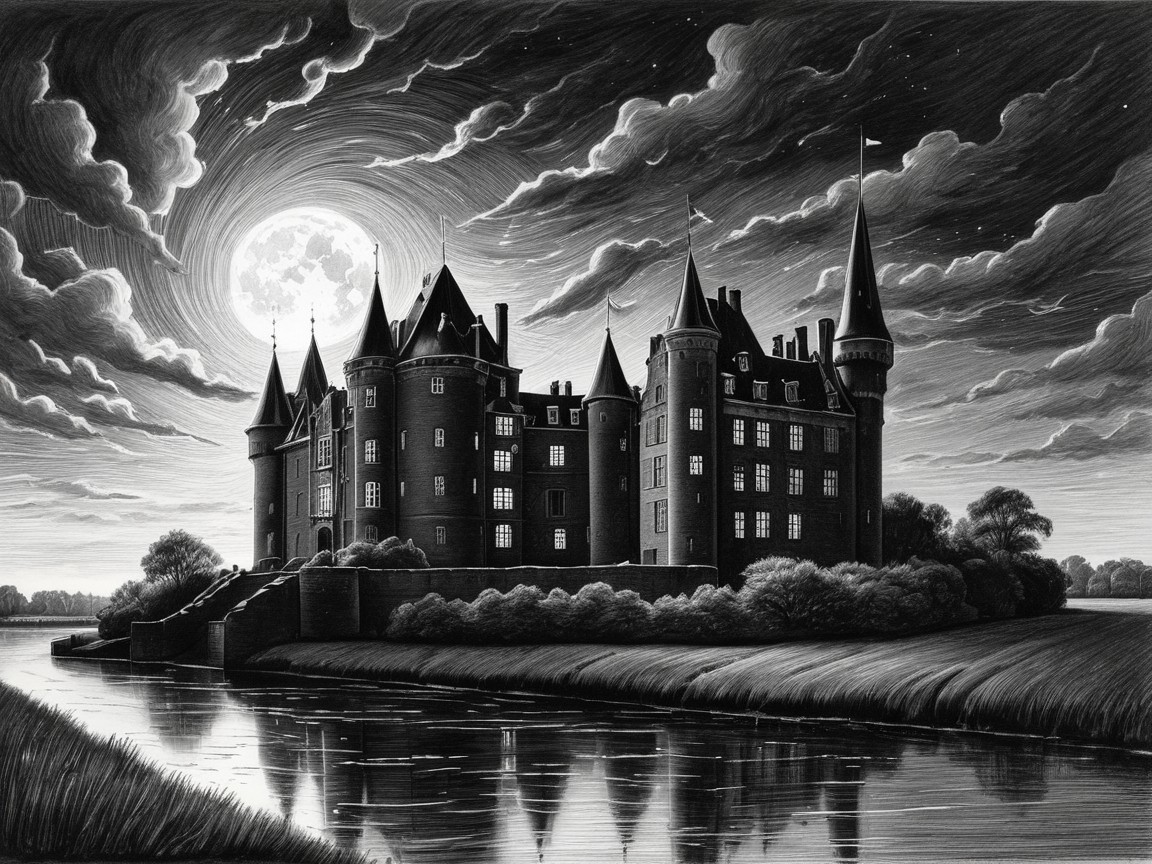 Majestic castle illuminated by a full moon at night