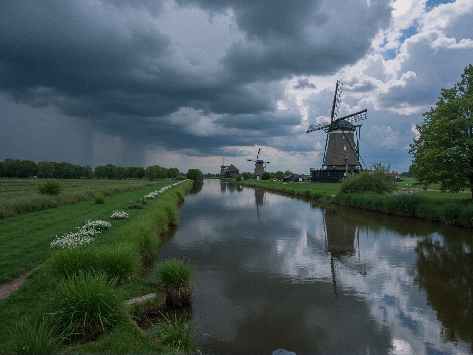 Serene Landscape with Windmills and Calm Canal