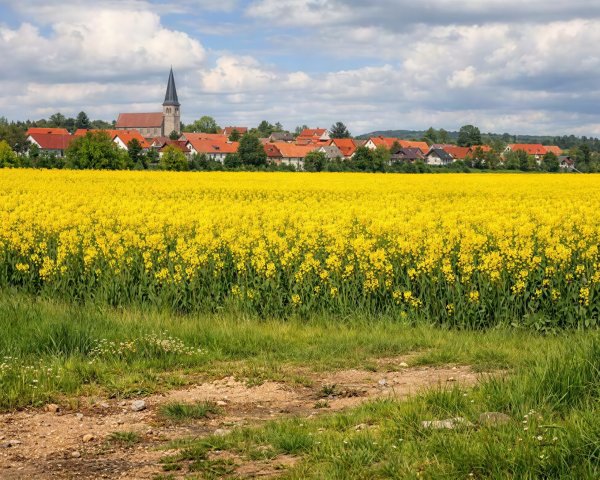 Traditional European Village Behind Yellow Rapeseed Field