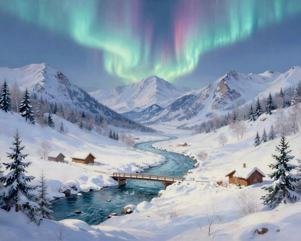 Snowy Alaskan Landscape with Aurora Borealis Detail