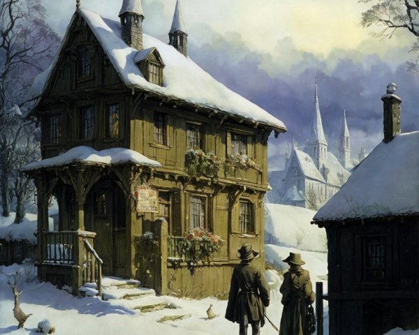 Snow-Covered Cottage in a Serene Winter Landscape