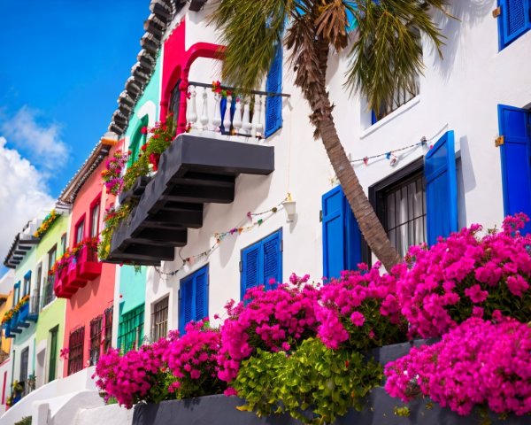 Colorful Buildings with Bougainvillea and Palm Trees