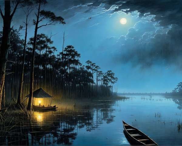Tranquil Nighttime Scene of Lake and Surrounding Nature
