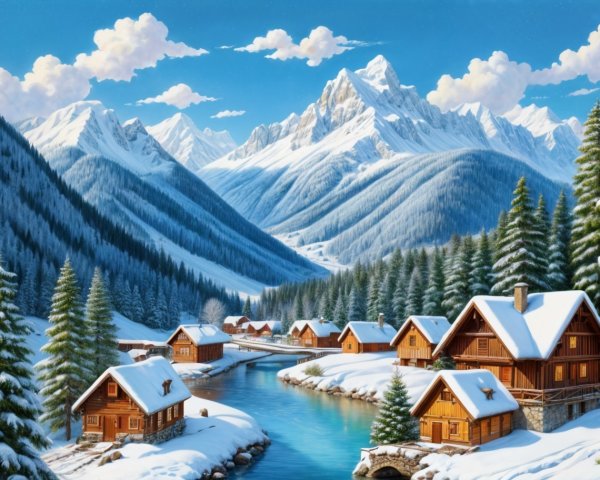 Cozy Wooden Cabins by a Snowy River and Mountains