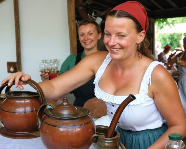 Women in Historical Attire in a Rustic Setting