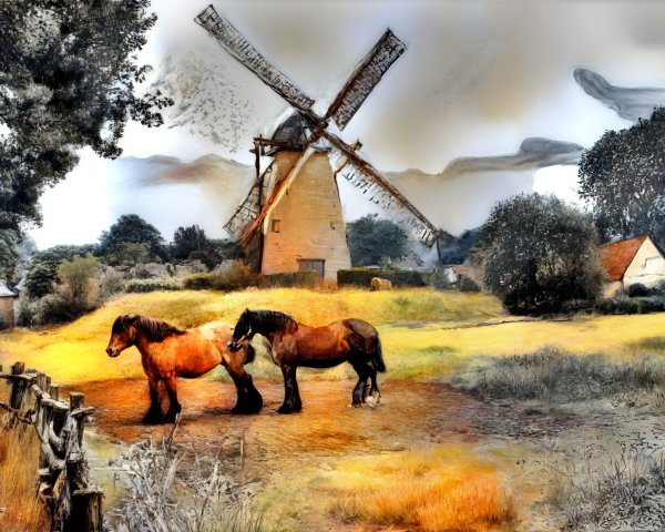 Horses Grazing in a Scenic Golden Field with Windmill